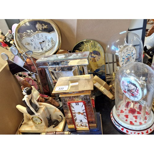 332 - Collection of various clocks to includes Betty Boop clock , anniversary clock, Egyptian inspired man... 