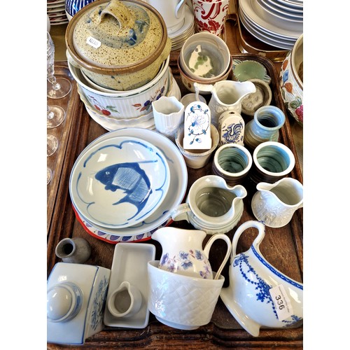 336 - Stoneware tureen and cover, two oriental fish decorated plates, two Portmerion jugs etc.