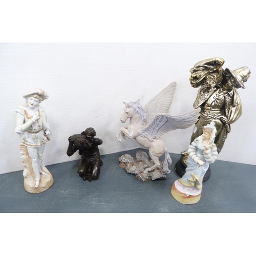 102 - Group of miscellaneous figures to include bisque male and female, contemporary figure of Pegasus, co... 