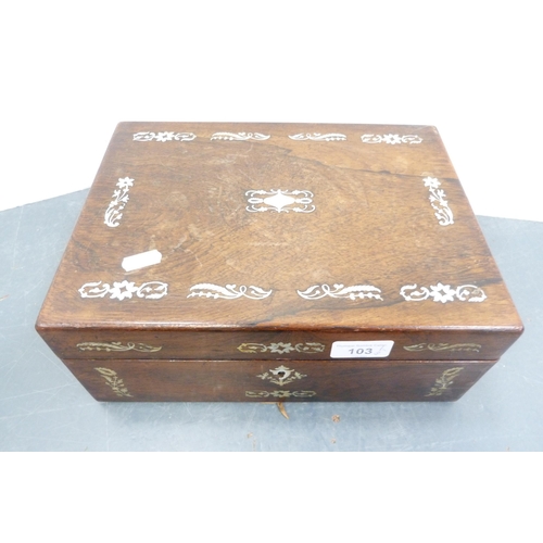 103 - Victorian rosewood and mother of pearl decorated box (lacking interior), set of bellows and a Flemis... 