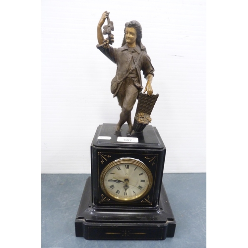 107 - Late Victorian black slate mantel clock with spelter figural surmount and another antique French spe... 