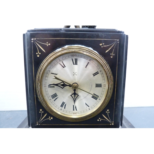 107 - Late Victorian black slate mantel clock with spelter figural surmount and another antique French spe... 