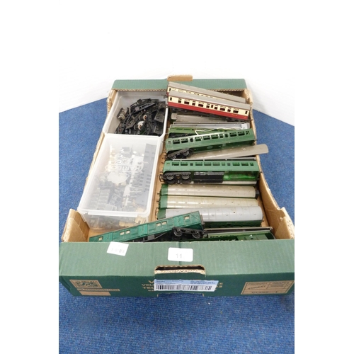 11 - Two cartons containing 00 gauge parts to include coaches, bogeys, loco parts, wheels, boxed Wrenn Ra... 