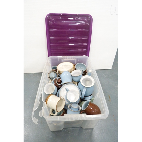 110 - Two cartons containing miscellaneous table and dinnerwares to include examples by Denby.