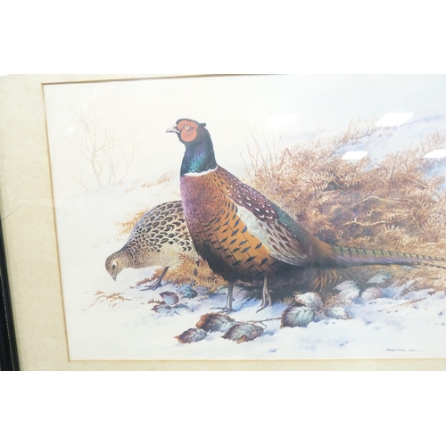 111 - Carton containing prints of game birds, embroidered floral prints, London jigsaw etc.