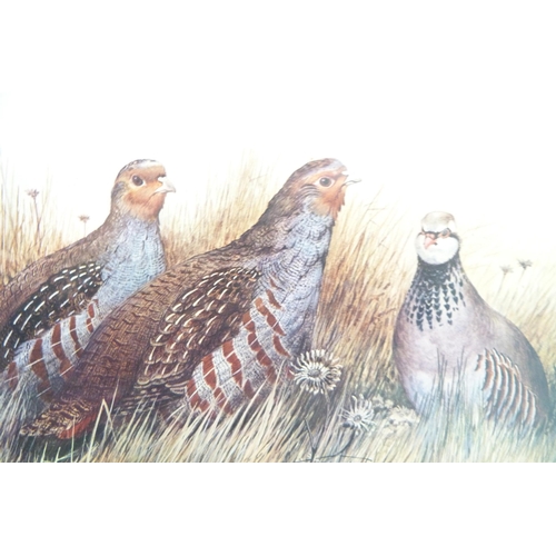 111 - Carton containing prints of game birds, embroidered floral prints, London jigsaw etc.