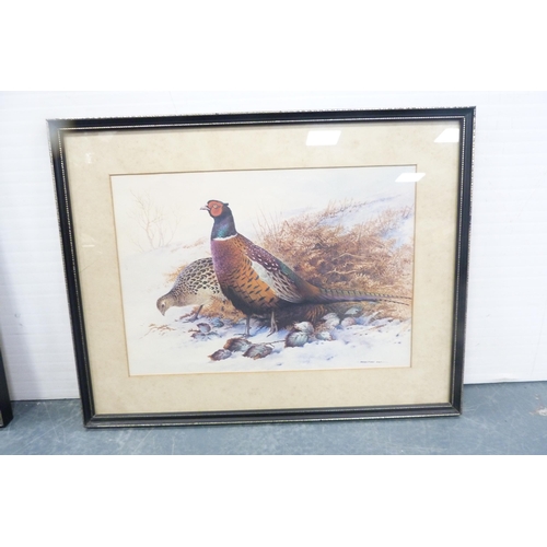 111 - Carton containing prints of game birds, embroidered floral prints, London jigsaw etc.