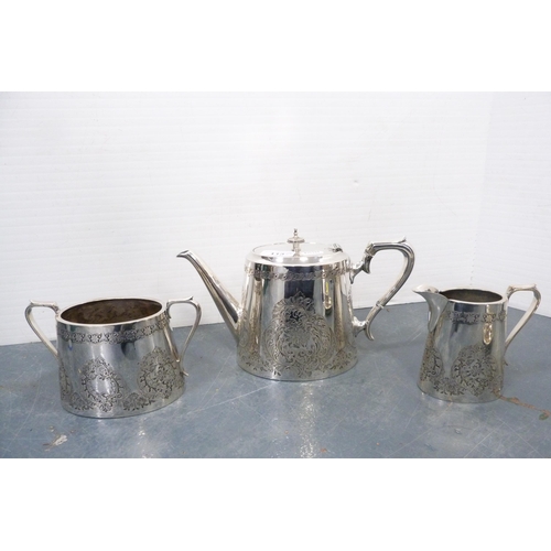 113 - Small group of EP and plated ware to including a three-piece tea set, wine funnel, plate, condiment,... 