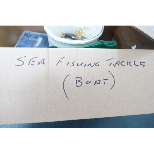 130 - Carton containing sea fishing accessories to include hooks, weights etc.