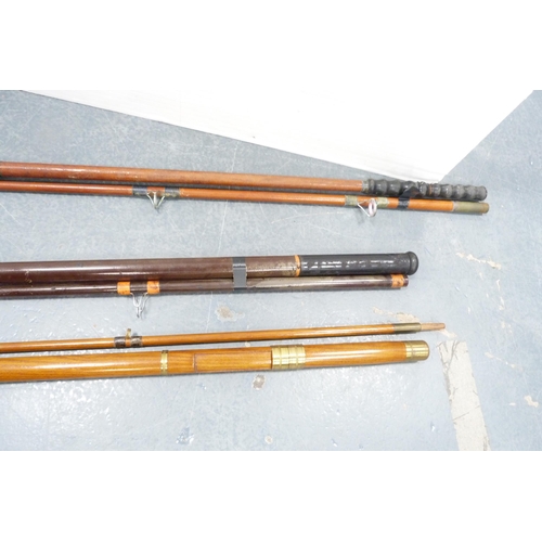 135 - Group of fishing rods to include split cane examples, Edgar Sealey rod in canvas bag, two and three-... 