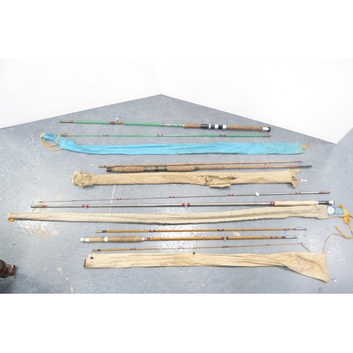 135 - Group of fishing rods to include split cane examples, Edgar Sealey rod in canvas bag, two and three-... 