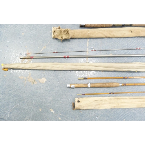 135 - Group of fishing rods to include split cane examples, Edgar Sealey rod in canvas bag, two and three-... 