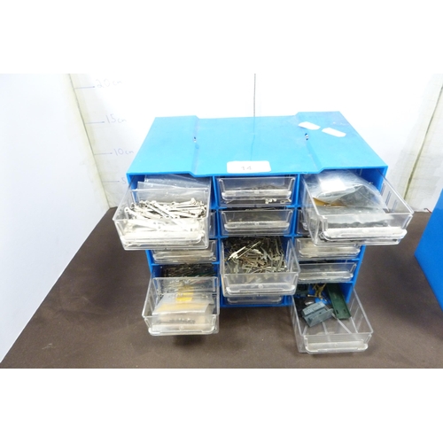 14 - Three collectors' boxes containing various model railway parts, screws, accessories etc.