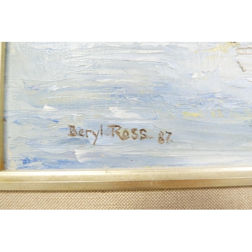 146 - Scottish SchoolBeach sceneSigned indistinctly, pastel, also a snowy landscape by Beryl Ross, signed ... 