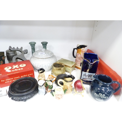 149 - Ensign Ful-Vue box camera, fan, pair of binoculars, tin tea box, Oxo box, vase, Chinese hardwood vas... 