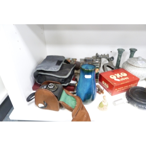 149 - Ensign Ful-Vue box camera, fan, pair of binoculars, tin tea box, Oxo box, vase, Chinese hardwood vas... 