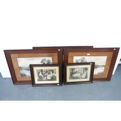 160 - Group of black and white prints after the original engravings to include a set of three in oak frame... 