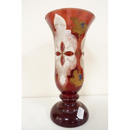 175 - Glassware to include antique ruby-coloured glass bottles and stoppers, similar Bohemian-style vase, ... 