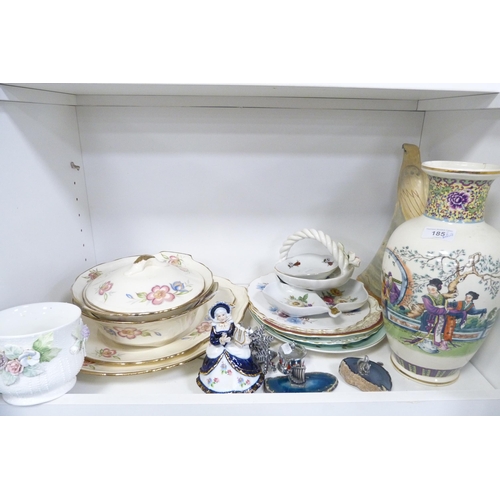 185 - Assorted china and metalwares to include a small brass planter, Victorian jugs, Oriental vase, dishe... 