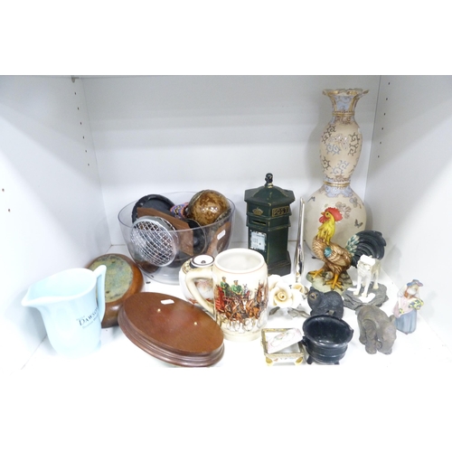 185 - Assorted china and metalwares to include a small brass planter, Victorian jugs, Oriental vase, dishe... 