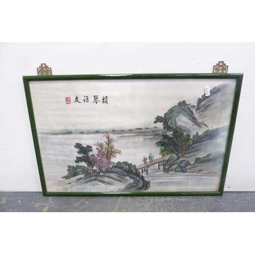 189 - Three modern Oriental pictures to include a Japanese-style landscape, Chinese-style embroidered land... 