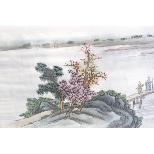 189 - Three modern Oriental pictures to include a Japanese-style landscape, Chinese-style embroidered land... 