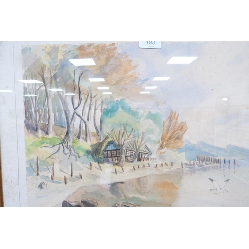 193 - Beach scene with trees, signed indistinctly, watercolour.