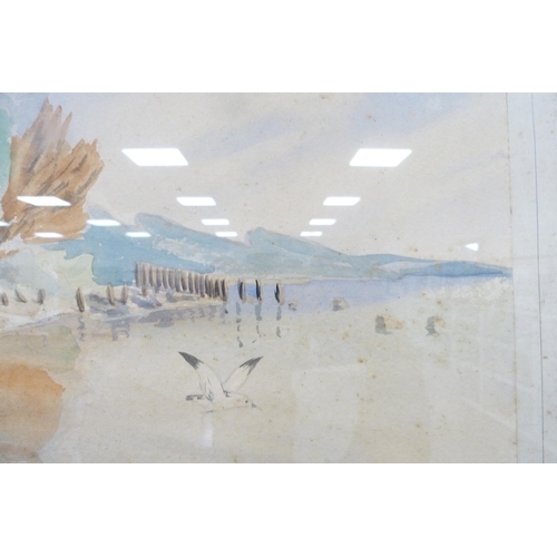 193 - Beach scene with trees, signed indistinctly, watercolour.