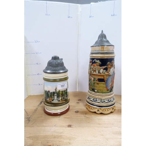 197 - German ceramic beer stein with pewter cover, and another beer stein. (2)