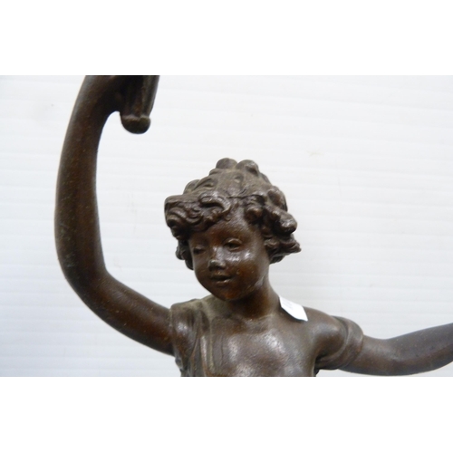 220 - Antique spelter figure converted to table lamp, with ebonised base.