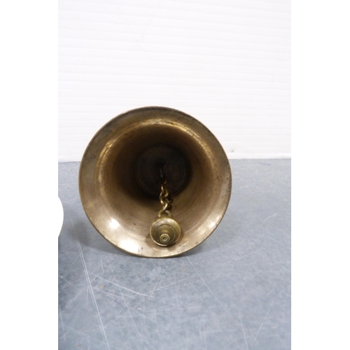 222 - Brass school bell with ebonised turned handle, also Royal Doulton and Spode ceramic plates depicting... 