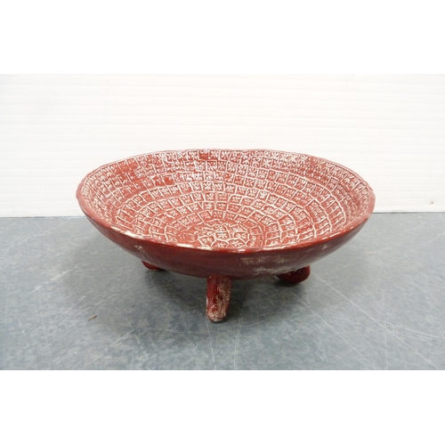 226 - Studio pottery jug, studio red glazed bowl and art glass bowl. (3)