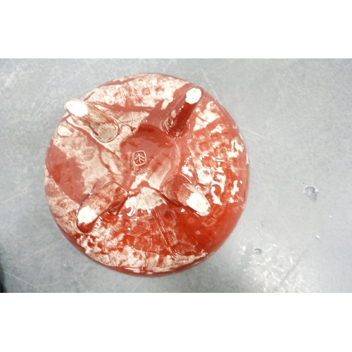 226 - Studio pottery jug, studio red glazed bowl and art glass bowl. (3)