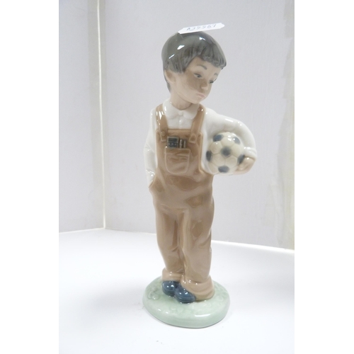 233 - Four Nao figures modelled as boy holding a football, child jester, and two girls with puppies. (4)