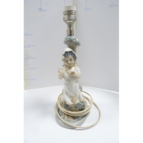 243 - Spanish porcelain figural table lamp modelled as a girl holding a white dove in naturalistic setting... 