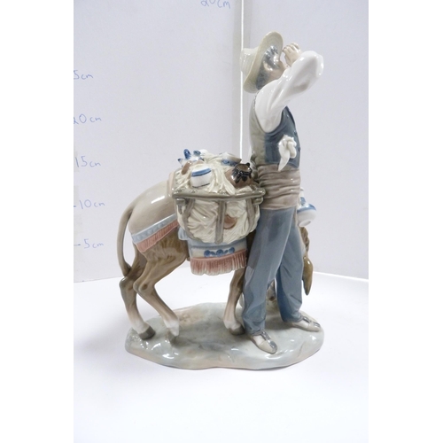 244 - Lladro figure group modelled as a peddler with wares on a donkey.