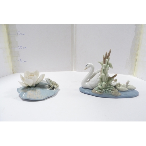 246 - Two Lladro figure groups modelled as a frog on a lily pad and a swan with cygnets.  (2)