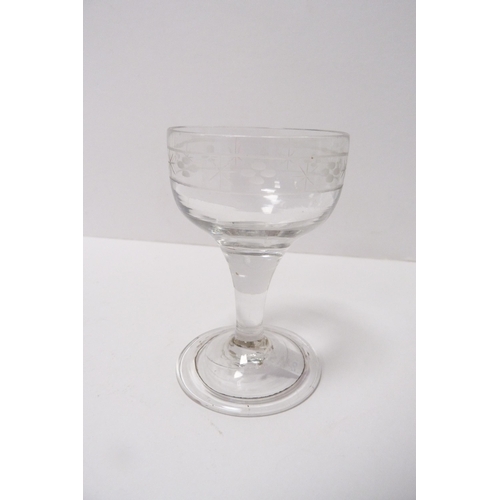 252 - 18th century-style antique wine glass and another, possibly for port, both etched, each with knopped... 