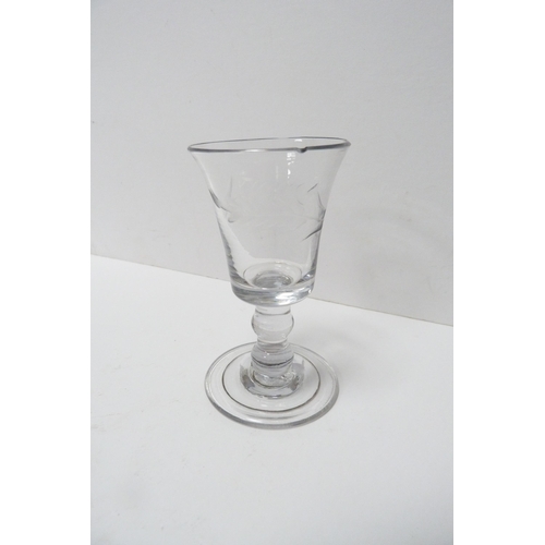 252 - 18th century-style antique wine glass and another, possibly for port, both etched, each with knopped... 