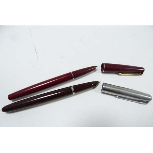 257 - Three Parker pens and another, three fountain pens and a sterling silver-cased pencil.  (8)