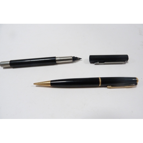 257 - Three Parker pens and another, three fountain pens and a sterling silver-cased pencil.  (8)