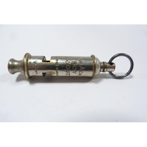 263 - Acme Boy Scout's whistle and an ARP whistle on chain by Hudson & Co., Birmingham.