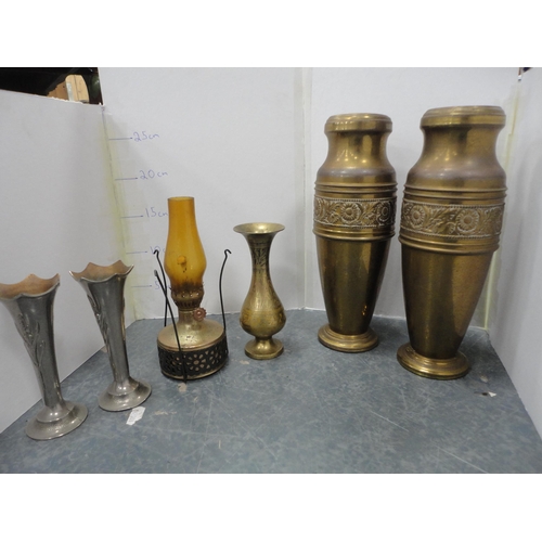 266 - Group of brassware to include a pair of vases, pair of candlesticks, oil lamp burner etc., contained... 