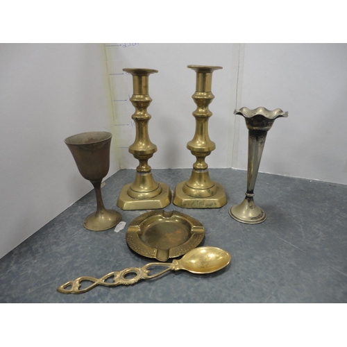 266 - Group of brassware to include a pair of vases, pair of candlesticks, oil lamp burner etc., contained... 