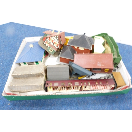 3 - Two cartons containing model railway buildings, houses, outbuildings, track, parts etc.