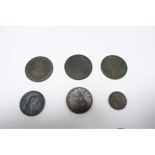 300 - Two George III copper cartwheel pennies and a small group of Georgian and Victorian coinage (rubbed ... 