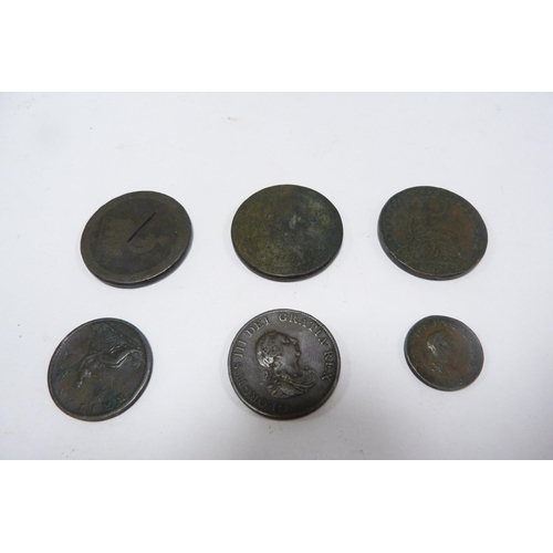 300 - Two George III copper cartwheel pennies and a small group of Georgian and Victorian coinage (rubbed ... 