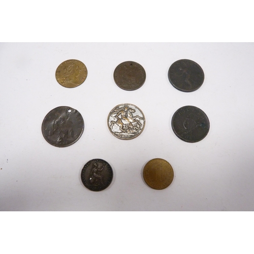 300 - Two George III copper cartwheel pennies and a small group of Georgian and Victorian coinage (rubbed ... 