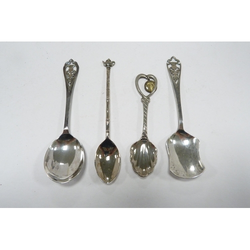 303 - Matching Scottish silver sugar scoop and jam spoon, hallmarks for Edinburgh, maker's mark FH, two ot... 