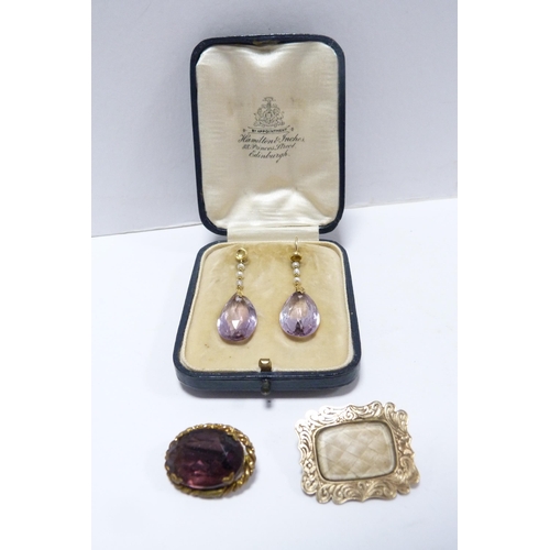 309 - Pair of antique yellow metal and seed pearl earrings with amethyst-coloured drops, in Hamilton &... 